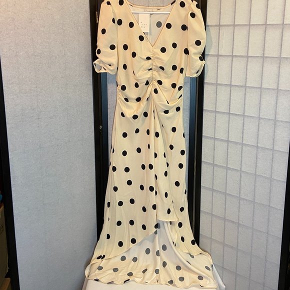 A New Day Crepe Rouched Cinched High Low Dot Dress Cream/Black NWT Short Sleeve - Picture 4 of 11